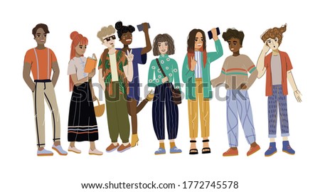 Young people, full-length students in various poses. Cute flat cartoon illustrations.