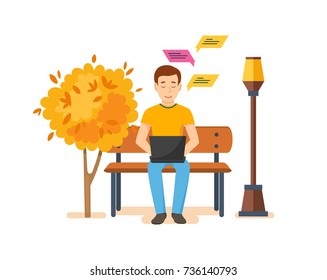 Young people with gadgets in autumn. Man running remotely on freelance, job on laptop on bench in autumn park, communicates by phone, through messenger, social networks. Vector illustration.