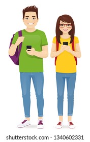 Young people with gadgets and backpacks. Students use mobile phones vector illustration isolated