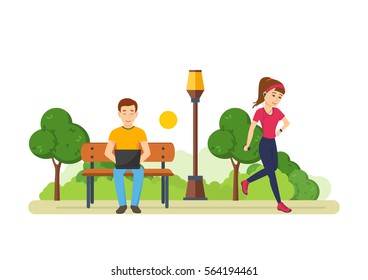 Young people with gadgets concept. The guy behind a laptop on a bench in a recreation park, the girl engaged in athletics with the music player. Vector illustration. Can be used in banner, mobile app.