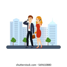 Young people with gadgets concept. A guy in a suit with a briefcase in hand and a girl in a dress with a bag on his shoulder, in office clothes talking on the phone. Vector illustration.