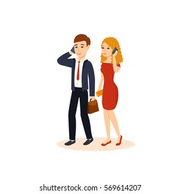 Young people with gadgets concept. A guy in a suit with a briefcase in hand and a girl in a dress with a bag on his shoulder, in office clothes talking on the phone. Vector illustration.