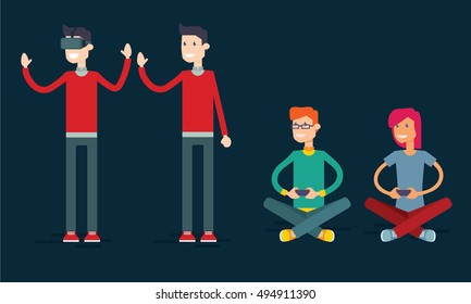 Young people with gadgets, guy with glasses of virtual reality, girl and guy with joysticks, flat design