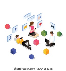 Young people with gadgets isometric 3d vector concept for banner, website, illustration, landing page, flyer, etc.
