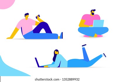 Young people with gadgets. Modern lifestyle. Flat vector characters isolated on white