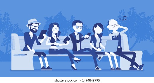 Young people with gadgets on bench. Diverse group sitting using smartphone, tablet, laptop, take photos and record video. Vector illustration with faceless characters