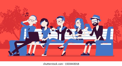Young people with gadgets on bench. Diverse group sitting using smartphone, tablet, laptop, take photos and record video. Vector illustration with faceless characters