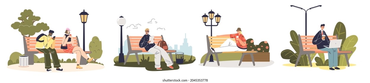 Young People With Gadgets Sit On Bench In Park Use Modern Devices For Message, Work, Chatting, Networking And Scrolling Social Media. Users With Smartphones Outdoor. Cartoon Flat Vector Illustration
