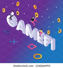 Young people and Game Finance isometric 3d vector illustration concept for banner, website, illustration, landing page, flyer, etc.