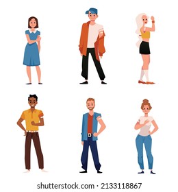 Young people get vaccinated for Covid, cartoon vector character set. Diverse male and female show bandage on their arm after vaccine shot. Cartoon flat vector illustration.