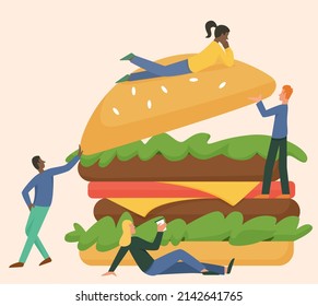 Young People With Giant Hamburger. Fast Food Consuming, Tasty Junky Cheeseburger Vector Flat Illustration