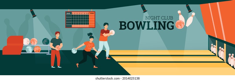 Junge Leute, die Bowling spielen, werfen Bälle, um Pins zu schlagen. Inneres der Spielzone. Freunden Spaß und Erholung im Bowlingclub. Flache Vektorgrafik