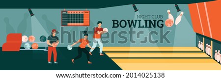 Young people girl and guys playing bowling throw balls to hit pins. Interior of game zone. Friends at fun leisure activity or recreation in bowling club. Flat vector illustration