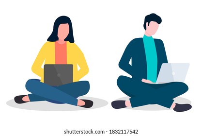 Young people girl and man sitting on floor with laptop serfing internet on white background, typing, writing a message. Characters freelancers working on pc, studying with computer vector illustration