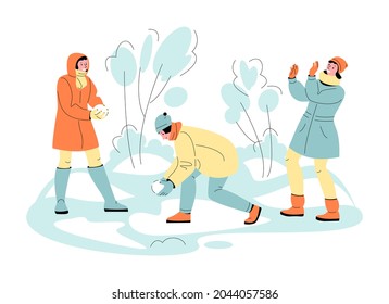 Jóvenes chicas juegan bolas de nieve peleando en el parque. Juegos de invierno divertidos. Ilustración vectorial al estilo de las caricaturas.