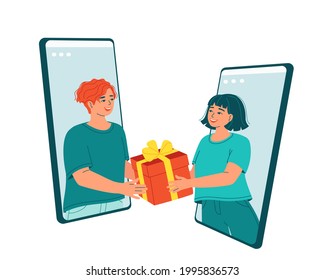 Young people give a gift to each other. Concept virtual gift for friends, lovers, online greetings for birthday, Christmas, holidays using an app on a smartphone. Remote delivery. Vector illustration