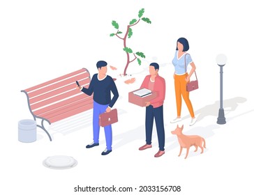 Young people go to classes at the university. Students discussing scientific lecture. In hands of briefcase and box books. Woman with bag goes class. Vector realistic isometric illustration