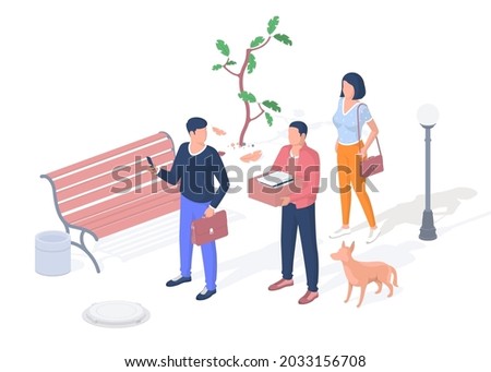 Young people go to classes at the university. Students discussing scientific lecture. In hands of briefcase and box books. Woman with bag goes class. Vector realistic isometric illustration