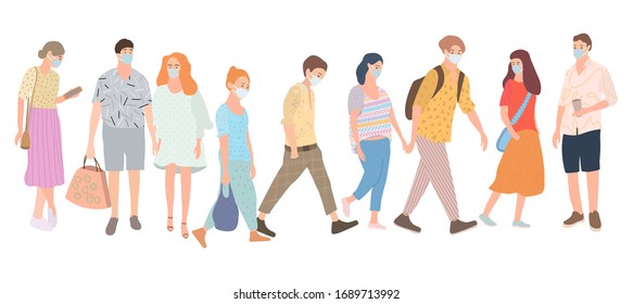 Young people go in masks during the epidemic of the coronavirus. Prevention of coronavirus. The concept of protection. Concept of epidemic disease. Isolated vector.