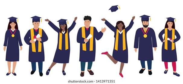 Young people graduate in graduation gown and hats with tassels. Trendy Flat people