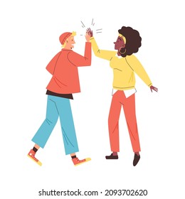 Young people greet each other with informal greeting gesture flat vector illustration isolated on white background. Cheerful happy friends giving high five.