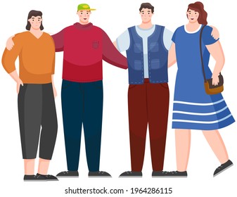 Young people group in casual clothes isolated on white background. Friends guy and girl hugging. Smiling man and woman standing straight. Married couple husband and wife. Colleagues portrait