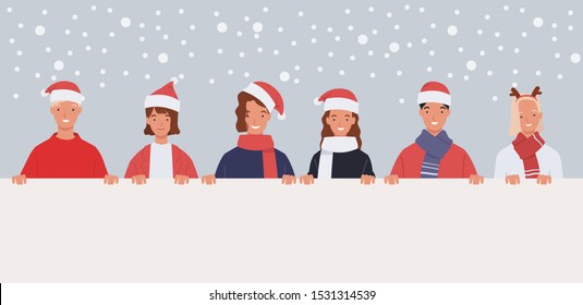Young people group holding blank banner on winter season. Happy friends with empty sign template at christmas charity benefit. Vector illustration in a flat style