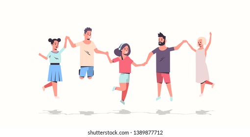 young people group holding hands men women jumping together friends having fun male female cartoon characters full length flat white background horizontal