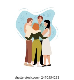 Grupo de jóvenes abrazo ilustración plana de Vector. Hombres y mujeres felices abrazándose juntos. Equipo de Asistencia de amigos adolescentes abrazándose en círculo aislado sobre fondo decorativo azul