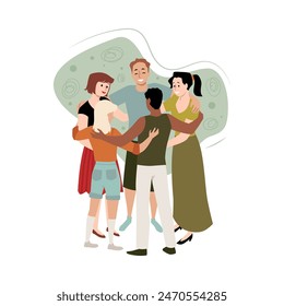 Young people group hug vector flat illustration. Cartoon diverse happy men and women hugging together. Teenagers friends embracing, support team in circle isolated on green decorative background