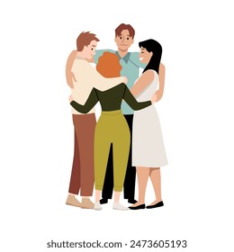 Young people group hug vector flat illustration. Cartoon happy men and women hugging together. Support team of teenagers friends embracing in circle isolated on white background