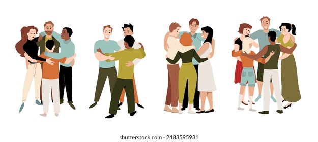 Young people group hug vector flat illustrations set. Cartoon happy diversity men and women hugging together. Support team of friends. Multiracial community embracing in circle isolated