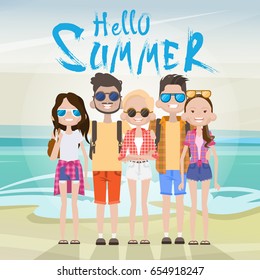 Young People Group On Sea Shore Sand Beach Summer Vacation Tourist On Holiday Concept Flat Vector illustration