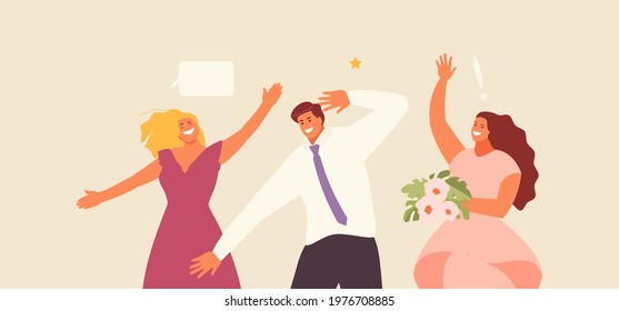 Young people group at a party. School graduation, celebration, corporate party. Vector illustration