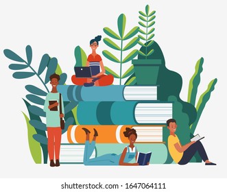 Young people group reading books. Study, learning knowledge and education vector concept