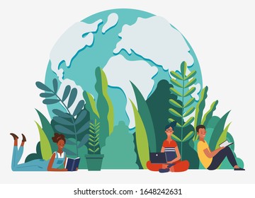 Young people group reading books. Study, learning knowledge and education vector concept. Eco friendly ecology poster. Nature conservation illustration