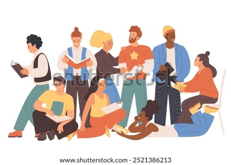Young people group reading books together, modern readers club, festival. Diverse crowd of adult happy characters read literature, exchange different library books cartoon vector illustration
