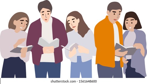 Young People Group Students Reading or talking with each other holding a books in their hands. Isolated vector illustration in cartoon style on white background