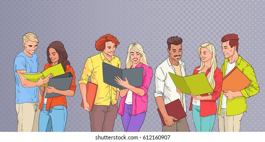 Young People Group Students Reading Over Pop Art Colorful Retro Background Vector Illustration