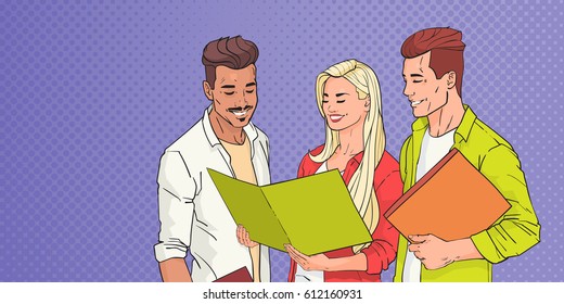 Young People Group Students Reading Over Pop Art Colorful Retro Background Vector Illustration