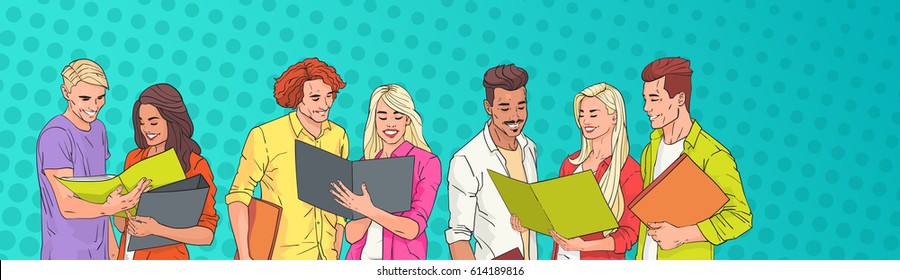 Young People Group Students Reading Over Pop Art Colorful Retro Background Vector Illustration