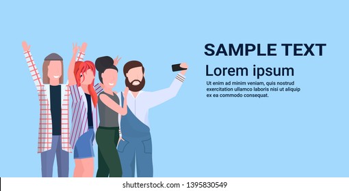 young people group taking selfie photo on smartphone camera casual friends having fun male female cartoon characters flat blue background horizontal copy space portrait