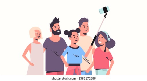 young people group using selfie stick men women taking photo on smartphone camera friends having fun male female cartoon characters portrait flat blue background horizontal