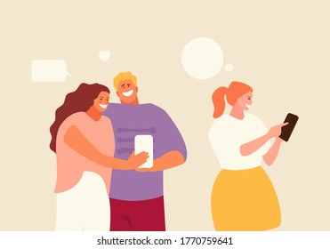 Young people group using smartphones. Digital technology, communication, selfie