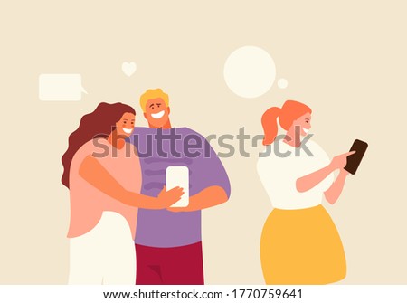 Young people group using smartphones. Digital technology, communication, selfie