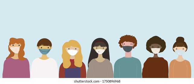 Young people group wearing  medical face mask.Vector illustration,flat style.