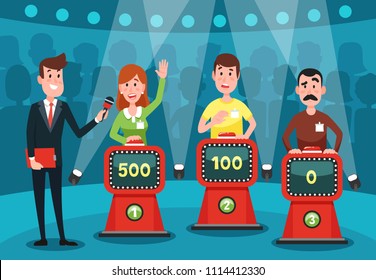 Young People Guessing Quiz Questions. Intellectual Game Show Studio With Playing Buttons On Stands For Male And Female Excited Intelligent Players Character Cartoon Colorful Vector Illustration