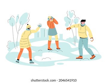 Young people guy and girl play snowballs. Fun winter games. Set of vector illustrations in cartoon style.