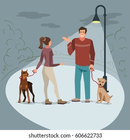 Young people (guy and girl) standing in the meadow with their dogs in the evening when lighted lanterns. Vector illustration of people with pets in the street. 