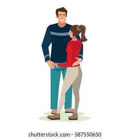 Young people (guy and girl talking) stood in a friendly hug. Vector illustration isolated on white background. Bright design.